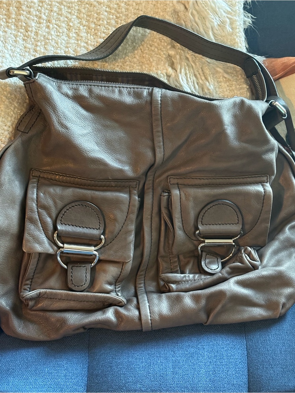 Soft Leather Shoulder Bag in Brown with Front Buckle Pockets